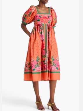FARM Rio Orange Floral Midi Dress with Pink & Green Accents